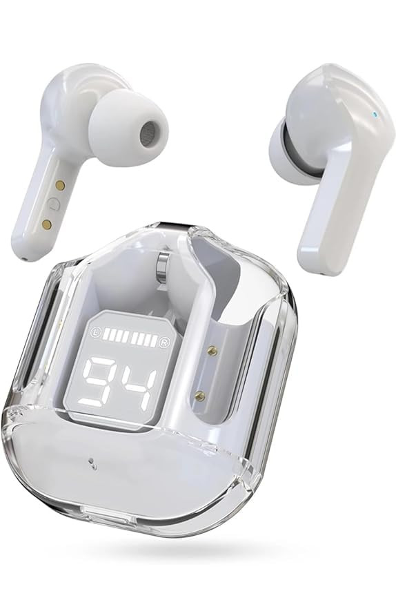 TWS T6 Ear-Buds Wireless Bluetooth V5.3 Superior Sound Quality,Transparent Charging Case and LED Digital Display,ENC Noise Cancelling, Touch Control (White)