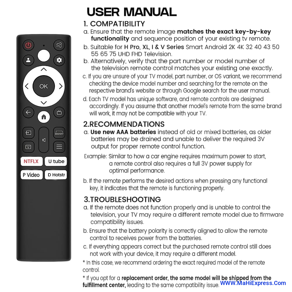 Sayeny Smart Universal Compatible of Acer Tv Remote Original Model Suitable for H Pro, XL, I & V Series Smart Android 2K 4K 32 40 43 50 55 65 75 UHD FHD Television Non Voice Command Control - Match Ex