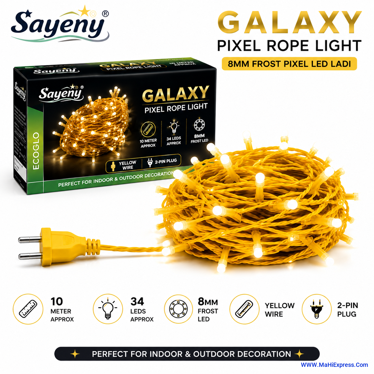Sayeny 8mm Frost Pixel Galaxy Rope Light | 10m Approx 34 LEDs Multicolor LED Ladi | Yellow Wire & White Bulb String Light with Direct 2-Pin Plug for Home & Festival Decoration (Pack of 1)
