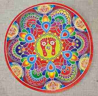 Rangoli Self Adhesive Waterproof Diwali 3D Golden Floor/ Legs in red theme Stickers (Multicolor) for Occasions, Diwali, Poonam,in (25x25 cm) Size. Pack Of 2pcs