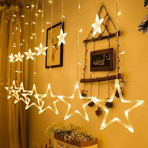 Sayeny 12 Stars 138 Led Curtain String Lights Window Curtain Lights with 8 Flashing Modes Decoration for Christmas, Wedding, Party, Home, Patio Lawn Warm White (138 Led-Star, Copper, Pack of 1)