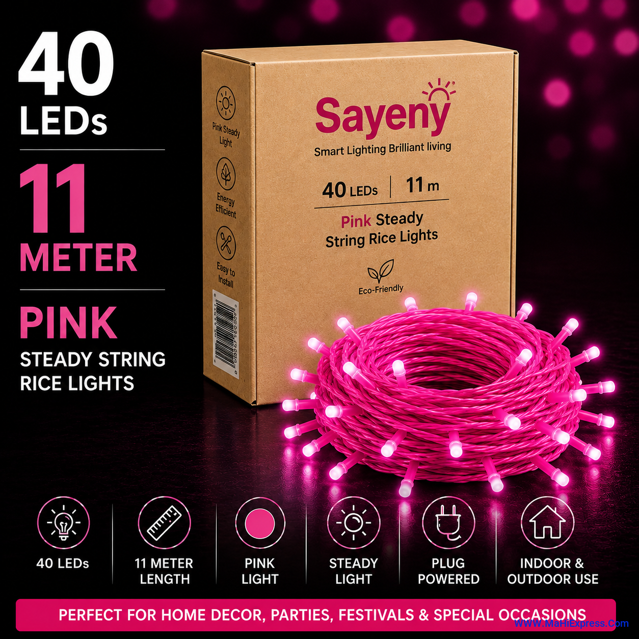 Sayeny 11 Meter 40 LED Pink Rice Lights | Steady Glow Decorative Fairy String Lights for Home, Bedroom, Festival, Diwali, Christmas & Party Decoration