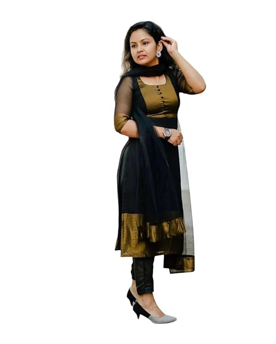 Women's Zari Work Georgette Chiffon Ethnic Wear 3/4 Sleeve Round Neck Latest Kurti Set(Black)