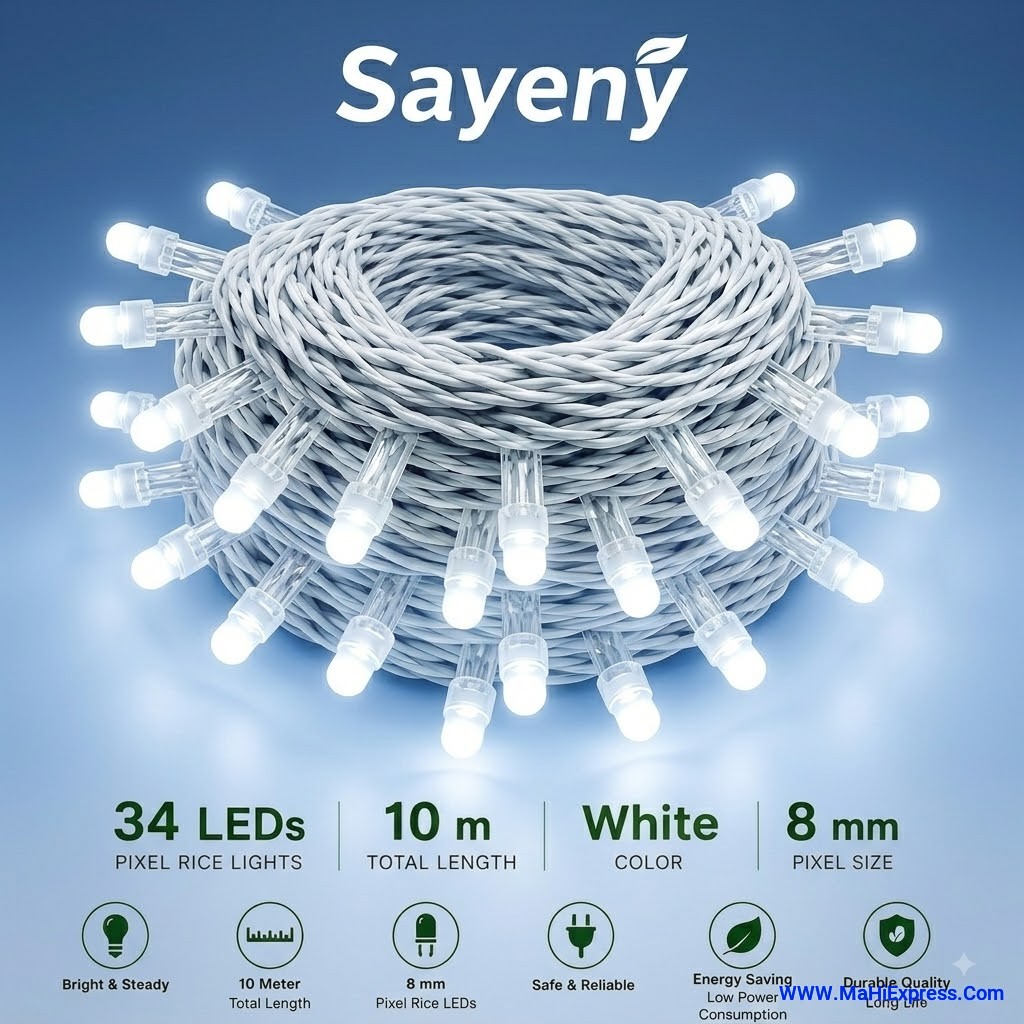 Sayeny 10m White Pixel Rice Lights | 34 High-Brightness LEDs | Waterproof Decorative Ladi String Lights for Diwali, Christmas, Wedding, Home & Outdoor Decor