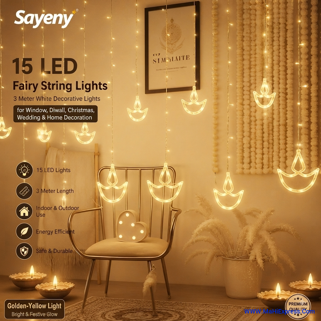 Sayeny 180 LED 6+6 Diya Yellow Flickering String Lights, 3 Meter Decorative Lights for Window, Diwali, Christmas, Wedding & Home Decoration