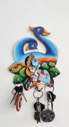 Kana Creation Radha Krishna wooden key holder for home Wood Key Holder  (6 Hooks, Multicolor)