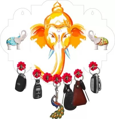 Kana Creation Ganesha Beautiful Home Wooden Key Holder (7 Hooks, Multicolor)
