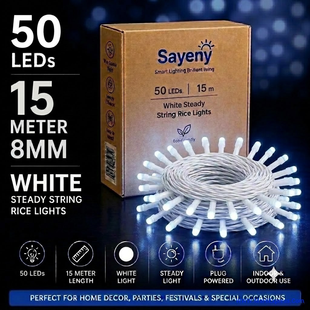 Sayeny 15 Meter 8mm 50 LED White String Steady Lights | Decorative Glow Lights for Home, Bedroom, Diwali, Christmas, Festival & Party Decoration
