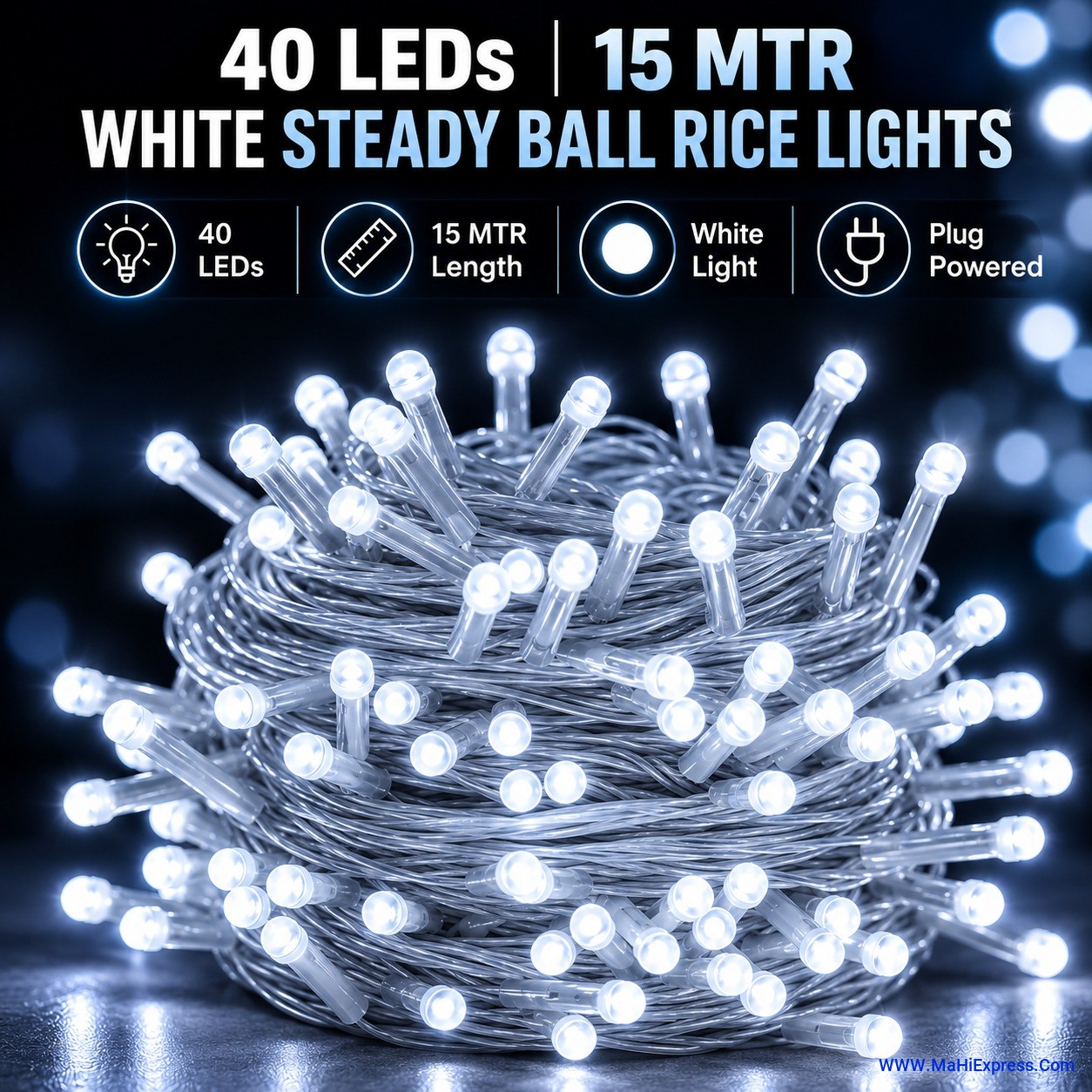 40 LED 15m White Steady Ball Rice Lights (Pack of 1) | Waterproof Decorative Fairy String Lights for Home, Diwali, Christmas, Garden & Party Decoration