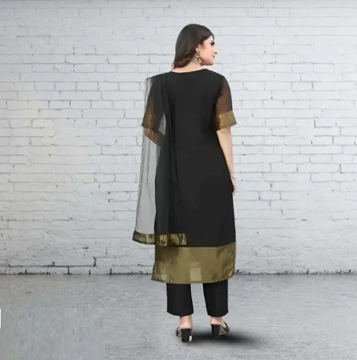 Women's Zari Work Georgette Chiffon Ethnic Wear 3/4 Sleeve Round Neck Latest Kurti Set(Black)