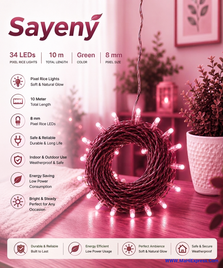 Sayeny 10m Pink Pixel Rice Lights | 34 High-Brightness LEDs | Waterproof Decorative Fairy String Lights for Diwali, Christmas, Wedding, Home & Outdoor Decor