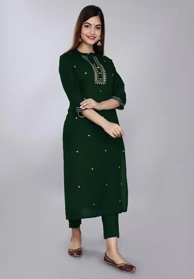 Women Rayon Green Embroidery Straight Kurta Kurtis