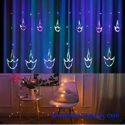 Sayeny 12 Diya Curtain String LED Lights – 3 Meter Multicolor Plug-in Decorative Fairy Lights with 108 LEDs, 8 Lighting Modes for Wall, Diwali & Festival Decoration (Pack of 1 - 6+6 Diya Plastic)