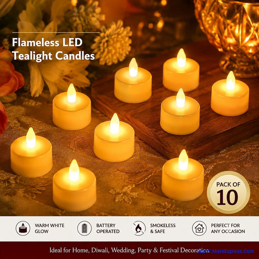 Flameless LED Tealight Candles - Pack of 10 | Smokeless, Battery Operated Warm White Decorative Tea Lights for Diwali, Weddings, Home & Festive Decor