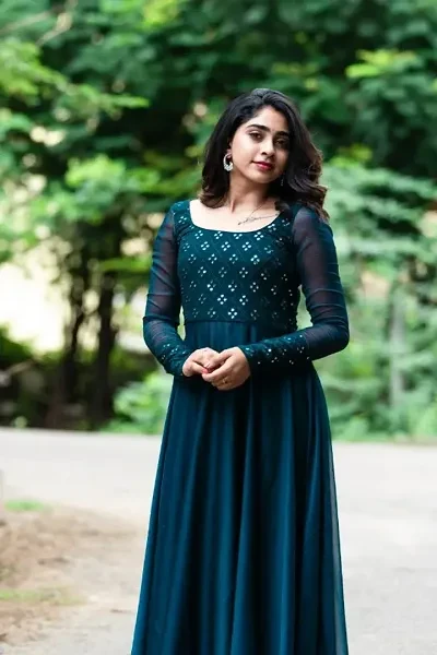 Women's Embroidered Sequence Work Georgette Round Neck Casual wear Full Sleeve Gown(KFO-68)