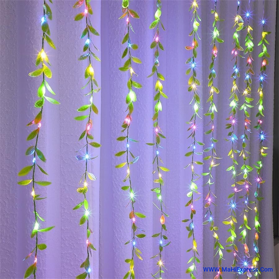Artificial Leaf Fairy Curtain String Lights, 3 x 1 Meter with Remote Control and 8 Lighting Modes for Wedding, Party, Diwali & Home Decoration - Multicolour, 200 LED