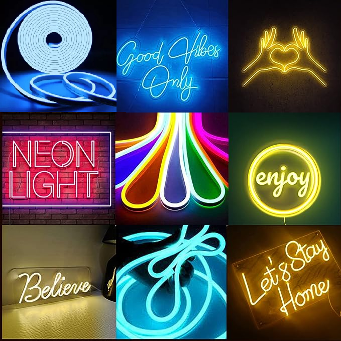 Sayeny 16.4Feet Long with 12V Adaptor LED Neon Strip Rope Lights,Flat Silicone Neon Rope Light Flexible Cuttable String, IP65 Waterproof Neon LED Strips