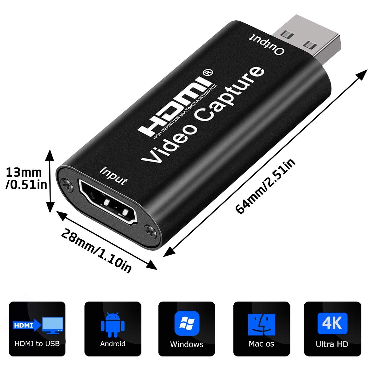 Sayeny 4K HDMI Video Capture Card, Cam Link Card Game Capture Card Audio Capture Adapter HDMI to USB 2.0 Record Capture Device for Streaming(Black)