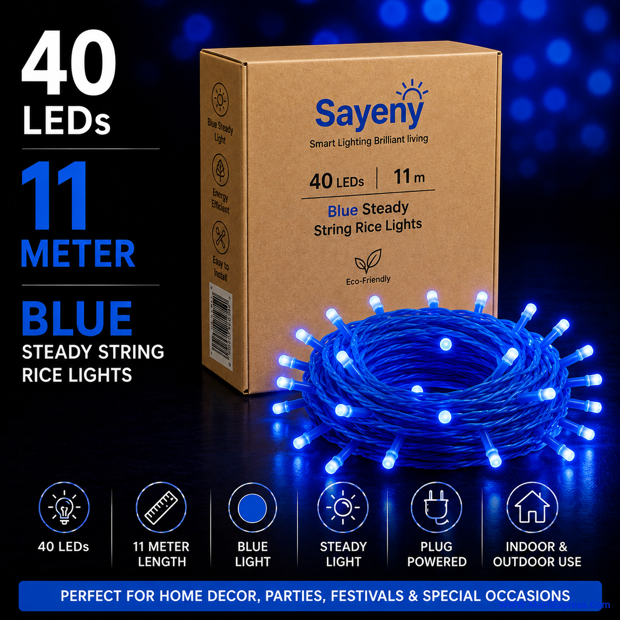 Sayeny 11 Meter 40 LED Blue Rice Lights | Steady Glow Decorative Fairy String Lights for Home, Bedroom, Festival, Diwali, Christmas & Party Decoration