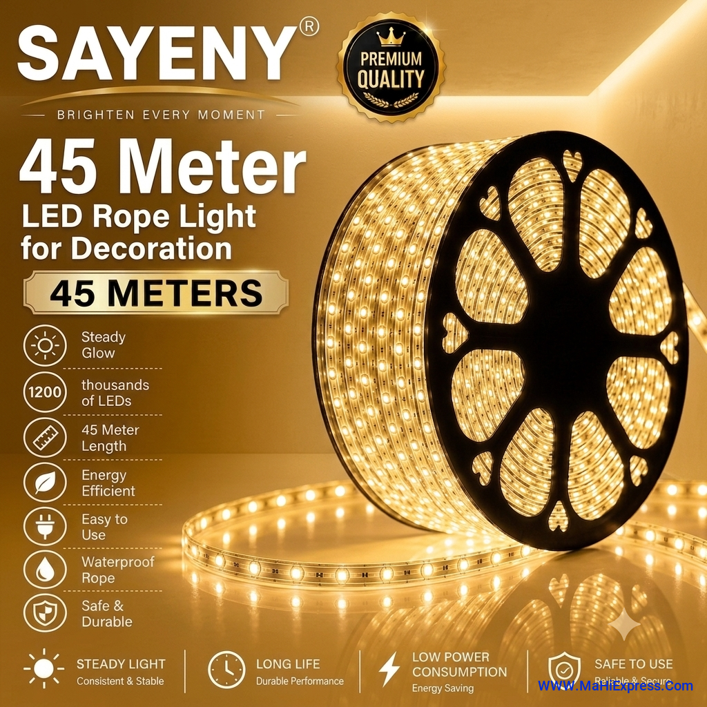 Sayeny 45 Meter LED Rope Light for Decoration – Waterproof SMD Cove Light for Ceiling, Home Décor, LED Pipe Light for Diwali, Festival, Indoor & Outdoor Use (Gold)