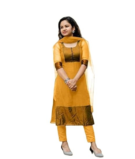 Women's Zari Work Georgette Chiffon Ethnic Wear 3/4 Sleeve Round Neck Latest Kurti Set (Yellow)