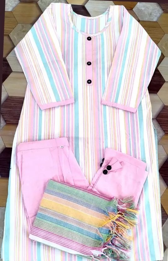 Beautiful Multicoloured Cotton Striped Straight Kurta, Bottom And Dupatta Set For Women