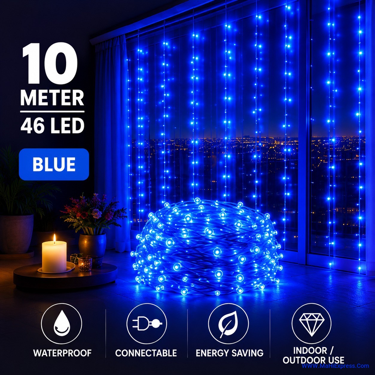 10 Meter 46 LED Blue Rice Lights | Steady String Fairy Lights for Festival, Home, Diwali & Party Decoration
