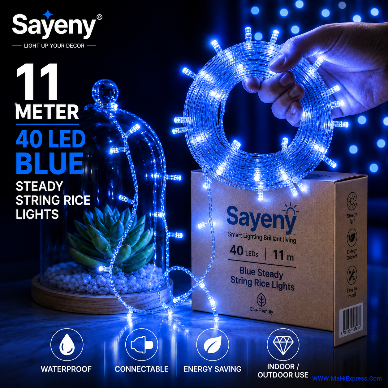 Sayeny 11 Meter 40 LED Blue Rice Lights | Steady Glow Decorative Fairy String Lights for Home, Bedroom, Festival, Diwali, Christmas & Party Decoration