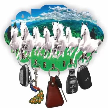 Kana Creation Seven Horse in Beautiful Blue Green Theme Home Wooden Key Holder (7 Hooks, Green) and a gift of mobileholder