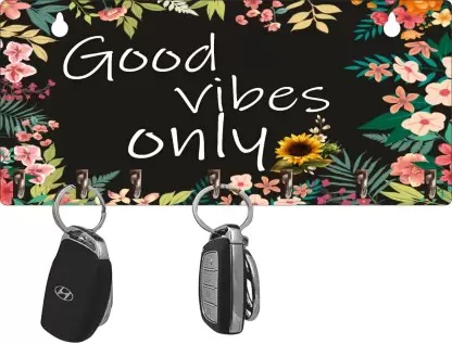 Kana Creation Good Vibes Only Beautiful Wooden Key holder For Home Wall decoration Wood Key Holder  (7 Hooks, Multicolor)