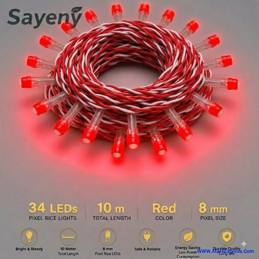Sayeny 10m RED Pixel Rice Lights | 34 High-Brightness LEDs | Waterproof Decorative Ladi String Lights for Diwali, Christmas, Wedding, Home & Outdoor Decor