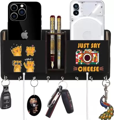 Kana Creation  Wall Decor multipurpose design Home Mobile Holder Wood Key Holder  (8 Hooks, Black)