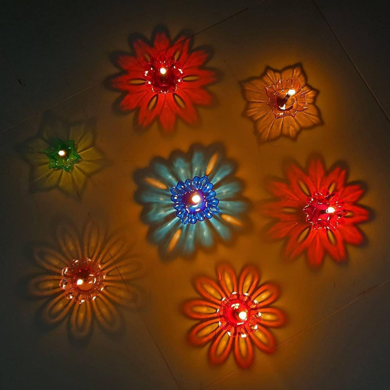 Sayeny Multicolour Diwali Diyas Colourful 3D Reflection Diya for Diwali Decor Flower Shape Shadow Reflective Diyas for Diwali Decoration Items for Home Decor Reusable Navratri Diwali Lights(Pack of 12