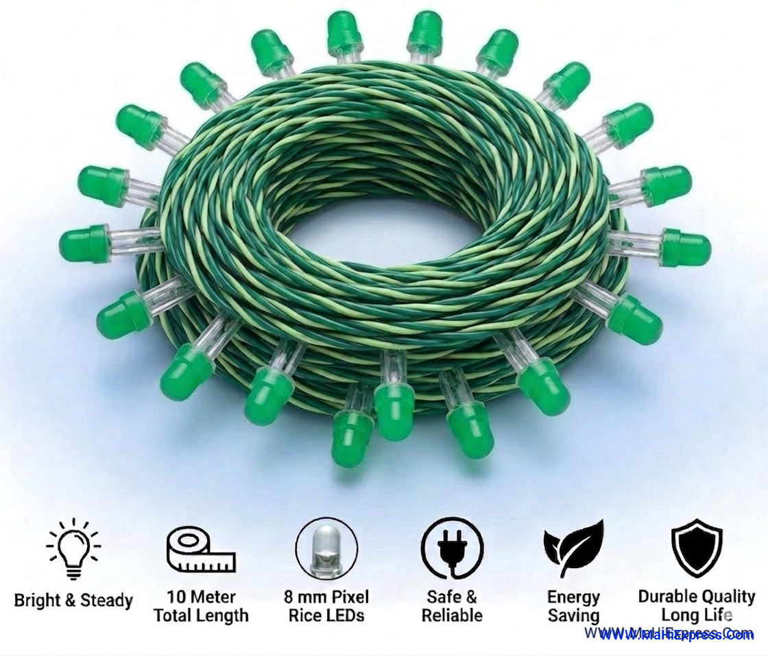 Sayeny 10m Green Pixel Rice Lights | 34 High-Brightness LEDs | Waterproof Decorative Ladi String Lights for Diwali, Christmas, Wedding, Home & Outdoor Decor