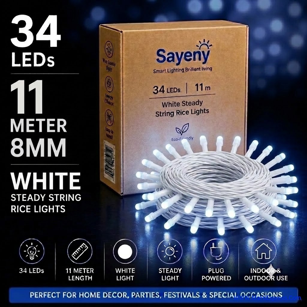 Sayeny 11 Meter 8mm 34 LED White String Steady Lights | Decorative Glow Lights for Home, Bedroom, Diwali, Christmas, Festival & Party Decoration