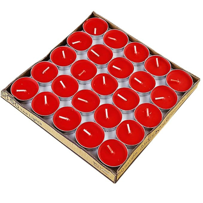 Sayeny Candles Tea Lights Candles, 50 Pack Colorful Tealights Paraffin Pressed Wax About 2 Hours Burn Time for Travel, Centerpiece, Decorative, Gifts, Happy Birthday, New Year (Red)