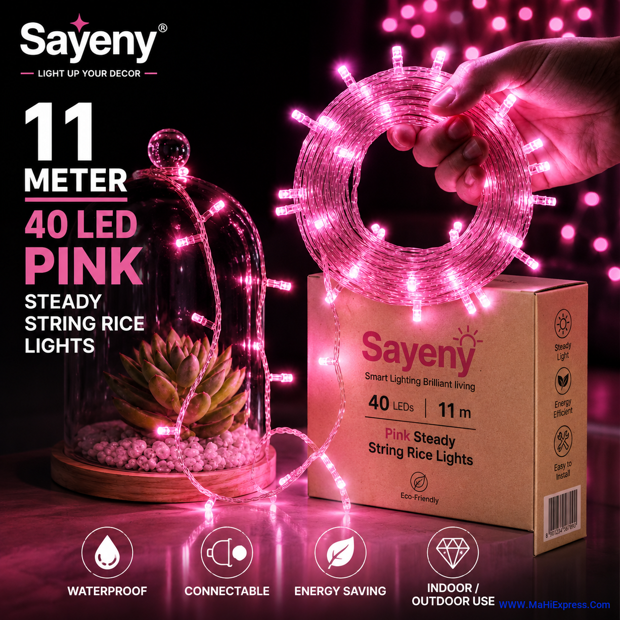 Sayeny 11 Meter 40 LED Pink Rice Lights | Steady Glow Decorative Fairy String Lights for Home, Bedroom, Festival, Diwali, Christmas & Party Decoration
