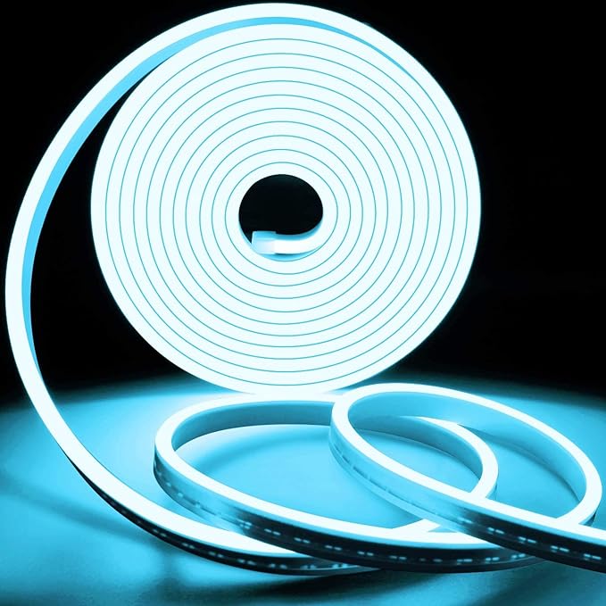 Sayeny 16.4Feet Long with 12V Adaptor LED Neon Strip Rope Lights,Flat Silicone Neon Rope Light Flexible Cuttable String, IP65 Waterproof Neon LED Strips for Indoor Outdoor Decoration (NEON ICEBLUE)