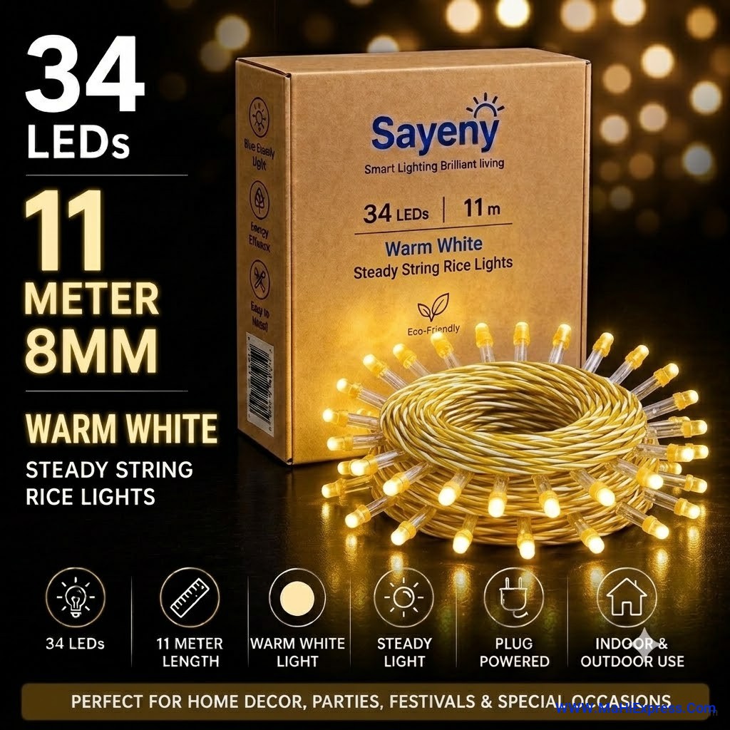 Sayeny 11 Meter 8mm 34 LED Warm White String Steady Lights | Decorative Glow Lights for Home, Bedroom, Diwali, Christmas, Festival & Party Decoration