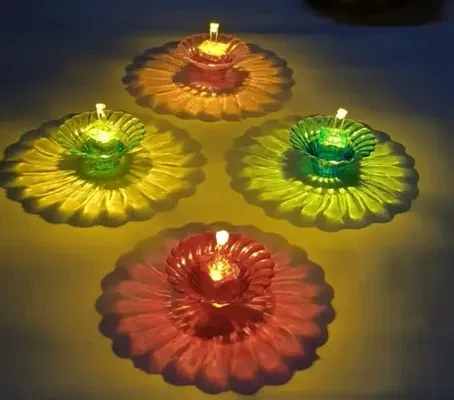 3D Reflection Diya, Diwali Decoration Items for Home Decor Transparent Multicolor Water Floating Reflections Plastic Oil Diya for Home Diwali Festival Decoration, (Pack of 48)