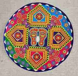 Rangoli Self Adhesive Waterproof Diwali 3D Golden Floor/ Legs in blue theme Stickers (Multicolor) for Occasions, Diwali, Poonam,in (25x25 cm) Size. Pack Of 2pcs