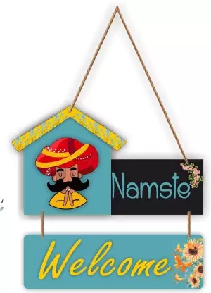 Ocean Garnature Namaste Welcome Quotes Wooden Wall Hanging Decorative Item for Home Décor  (16 inch X 10 inch, Blue)